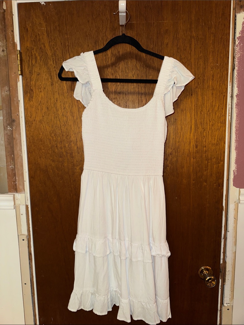 Smocked Bodice White Midi Dress with Ruffle Sleeves - Women